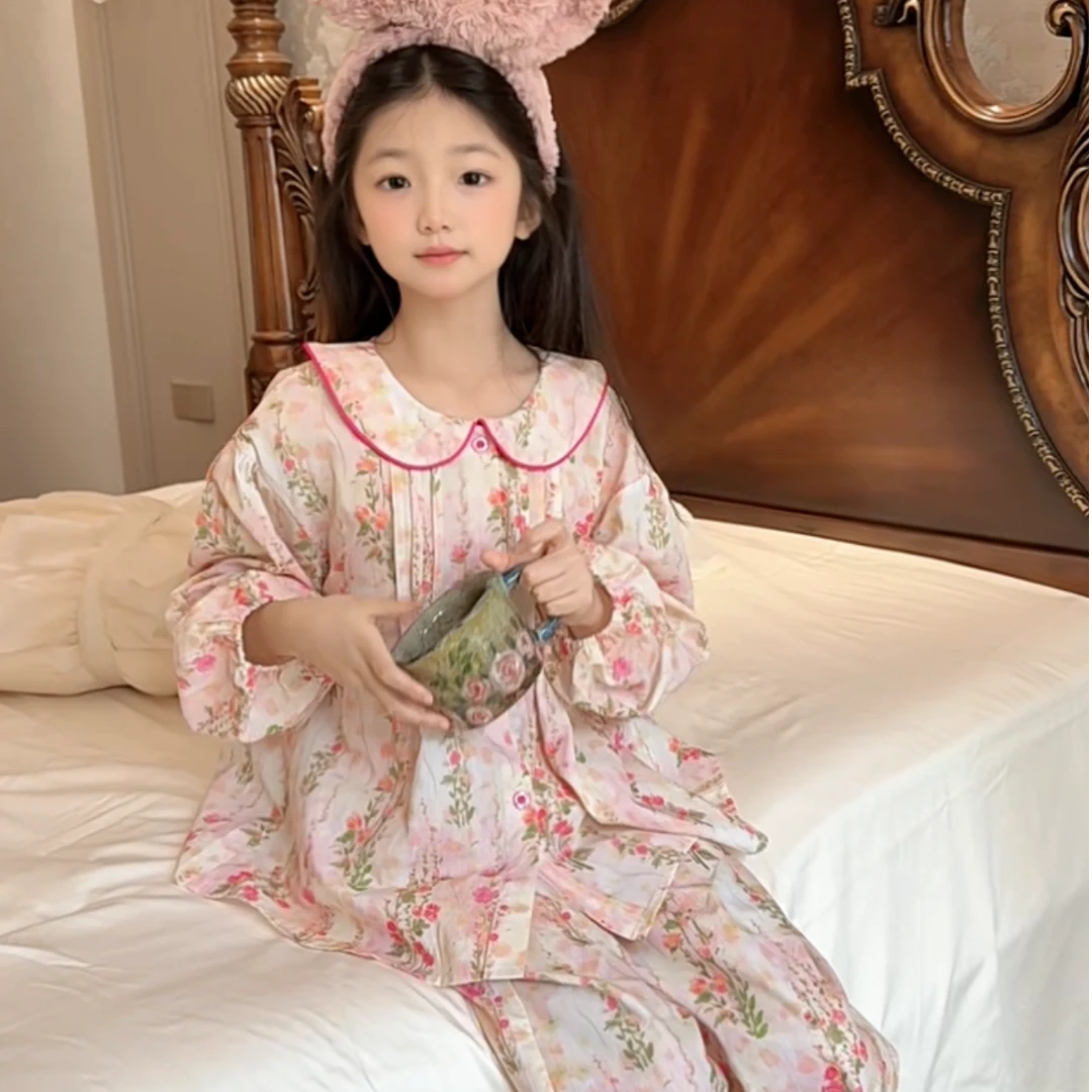 睡衣女童2025秋款家居服套装春秋樱桃碎花开衫中大童长袖睡衣儿童