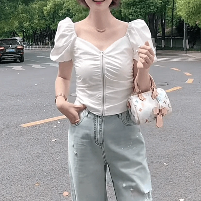 法式甜美拉链褶皱精致短袖上衣2025夏季新款泡泡袖高级感显瘦衬衫