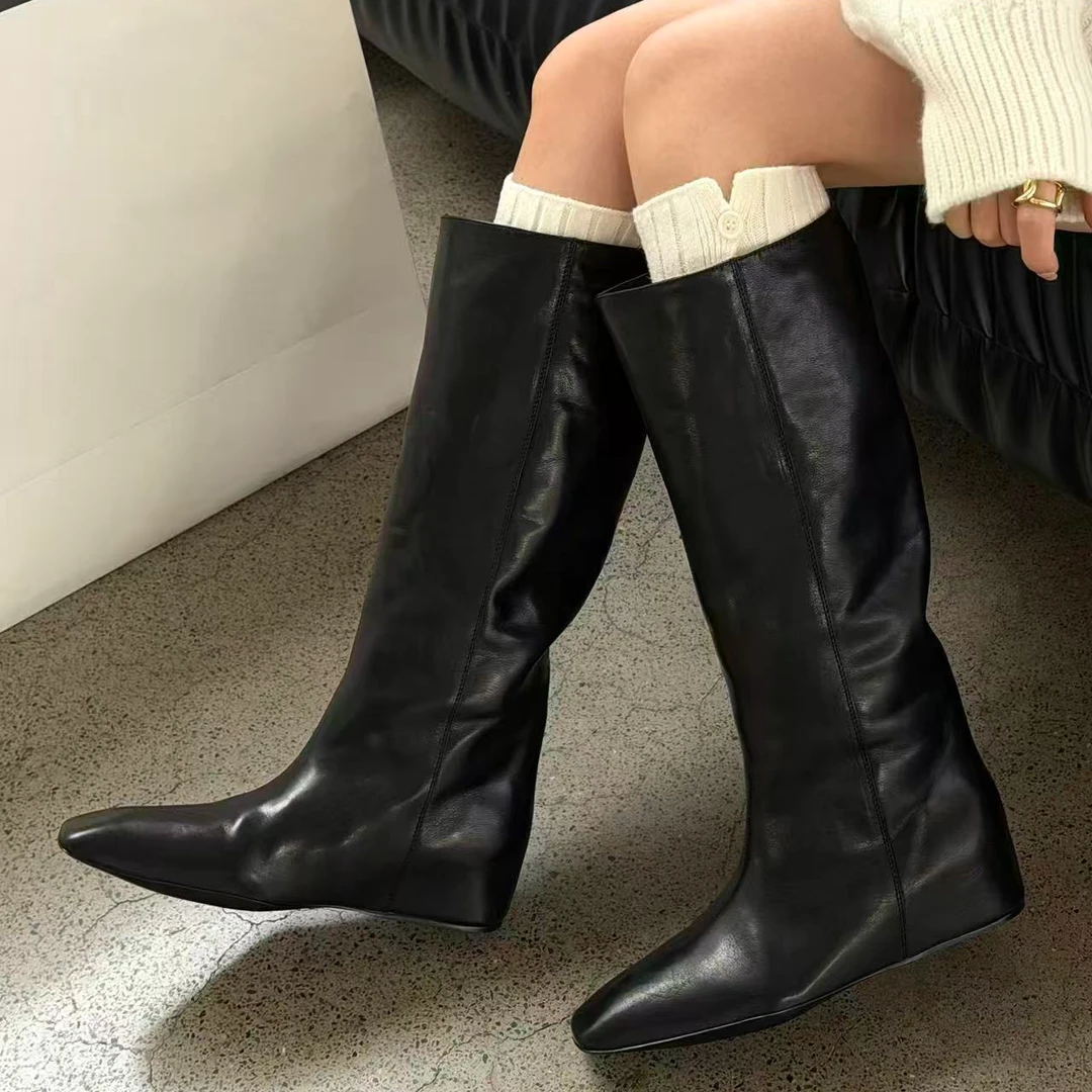 诗歌兰女鞋黑色内增高真皮高筒靴秋冬气质方头套筒长靴61773-2