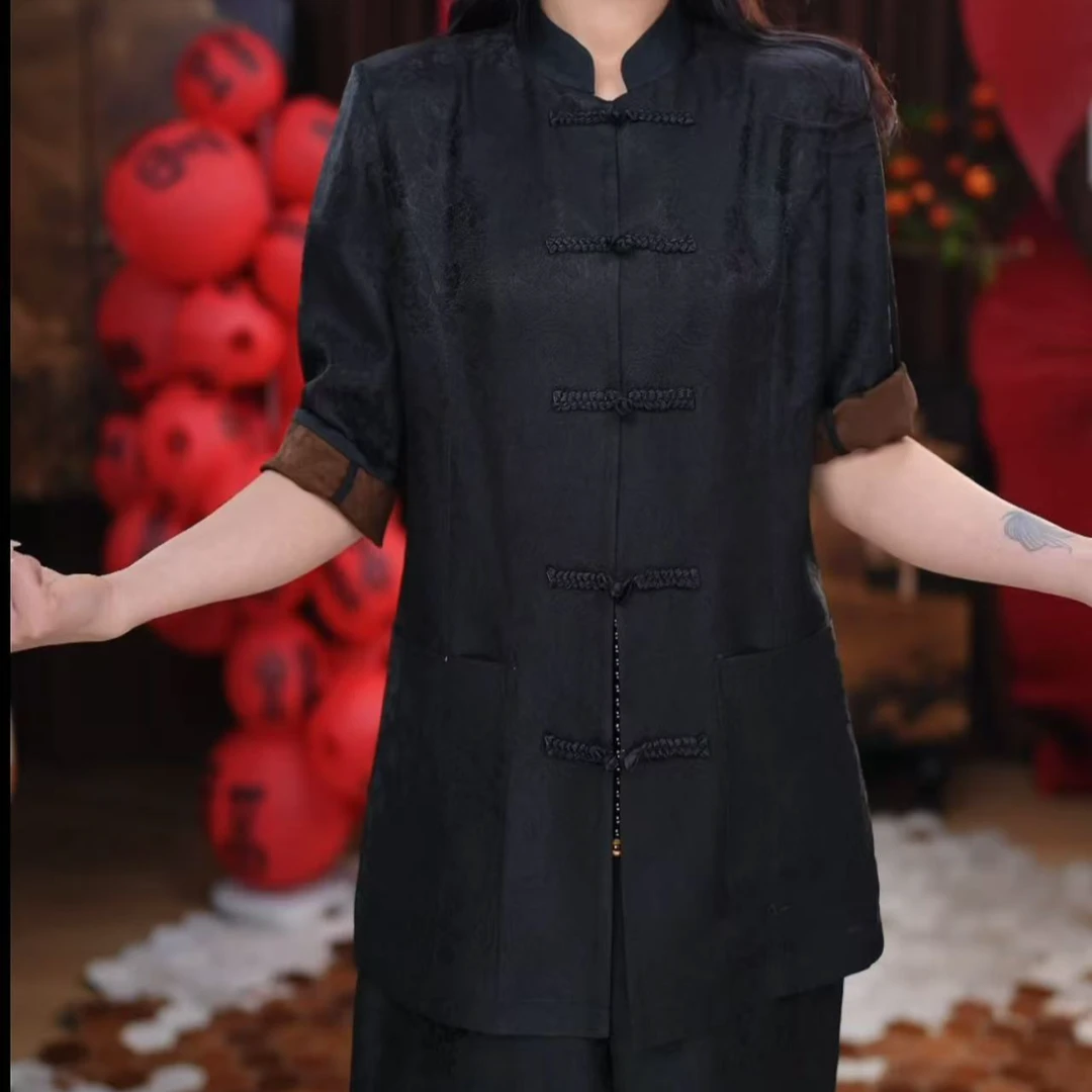 【语珩】香云纱新中式手工盘扣提花复古修身时尚春夏休闲立领上衣