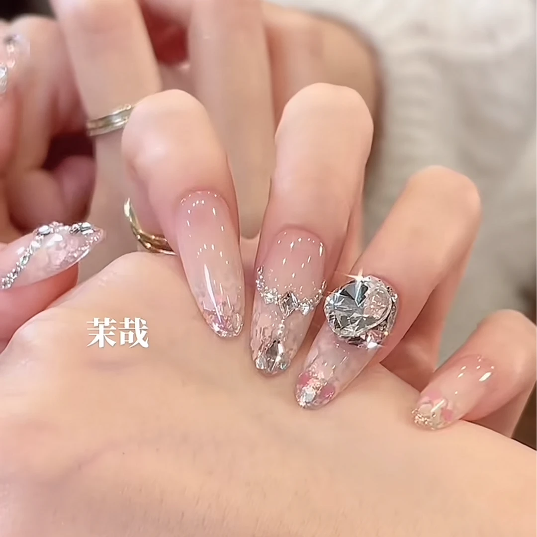 茉哉【粉漾琉璃】纯手工定制美甲拆卸穿戴甲T0673