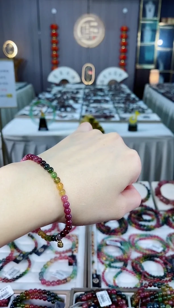 未镶嵌老矿碧玺色彩虹油料单圈手串4mm+碧玺dan多样性发货一条