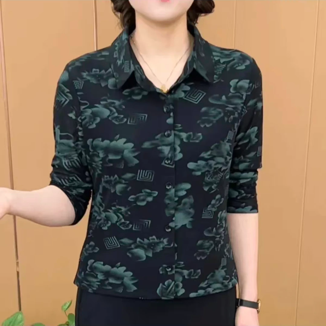 秋冬季新款时尚翻领洋气印花设计感小衫气质百搭显瘦减龄长袖上衣