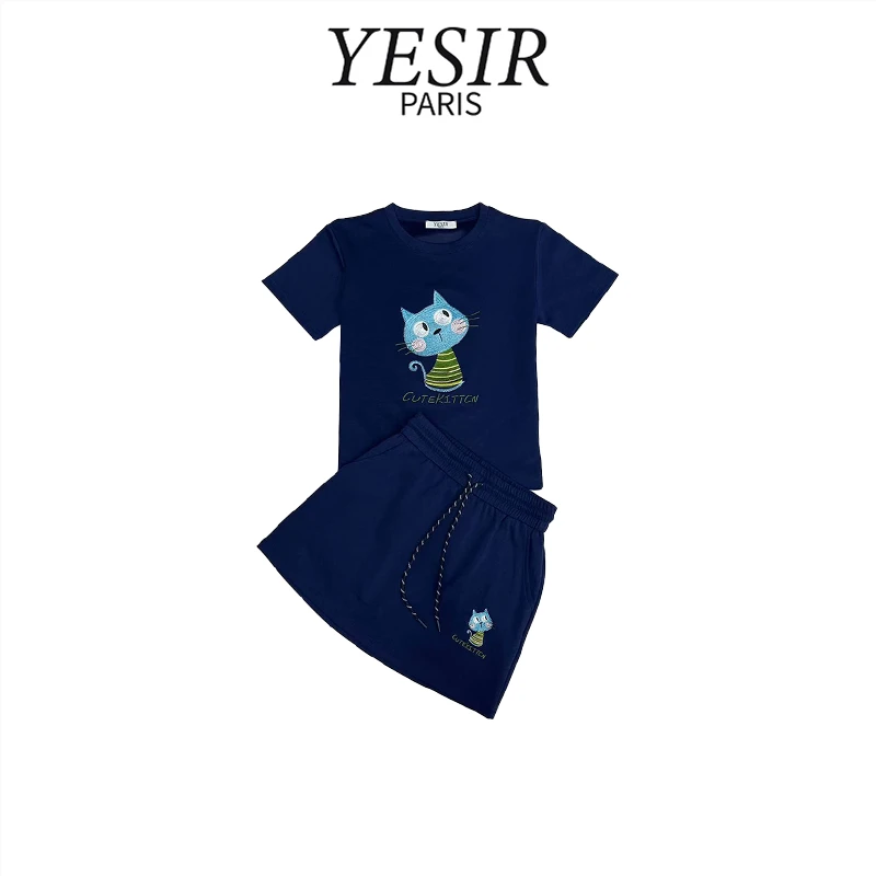 TZ25122时尚重工刺绣蓝猫裙裤套装