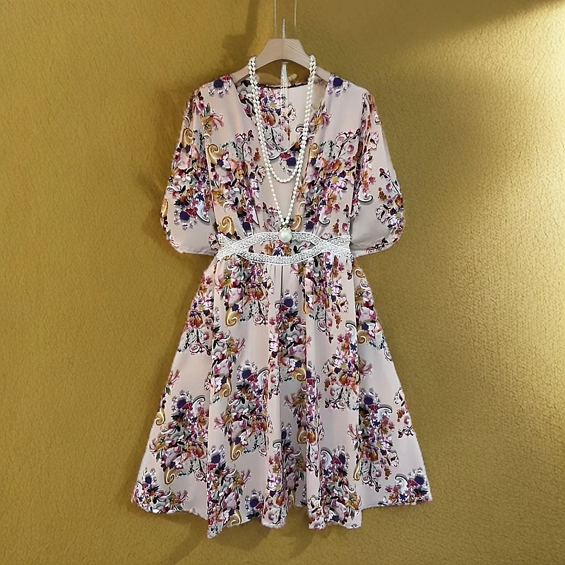 大码连衣裙中长裙夏季新款洋气碎花收腰显瘦短袖裙子
