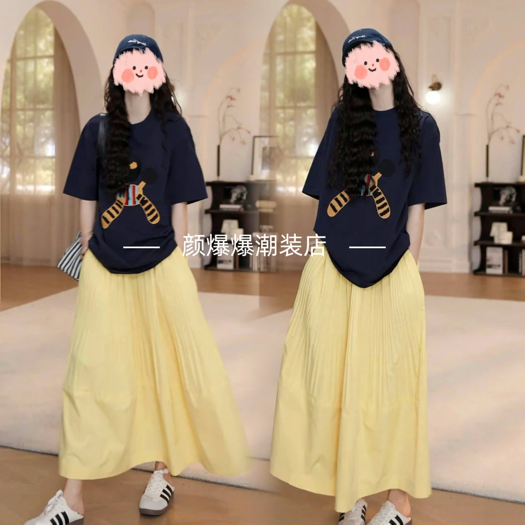 2025夏季爆款时尚休闲套装宽松圆领短袖上衣显瘦气质半身裙俩件套