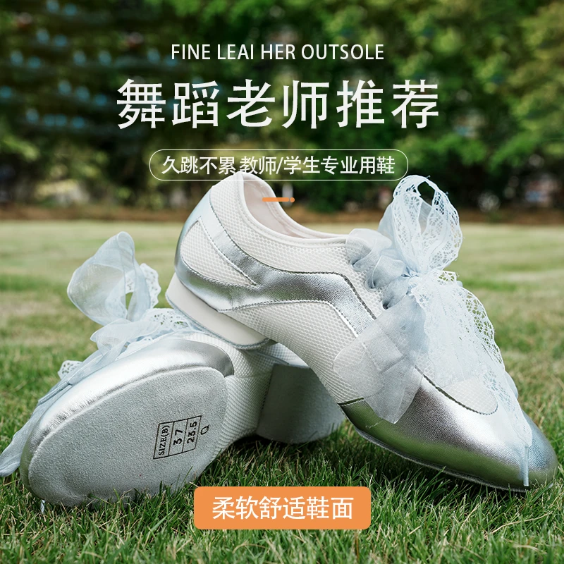 DRH-101 芭蕾风银色教师鞋 拉丁摩登练功鞋女成人舞蹈鞋夏季网眼