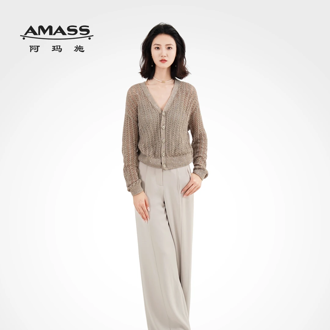 AMASS/阿玛施【新款】凉爽舒适镂空网编织银色亮片针织开衫5499257