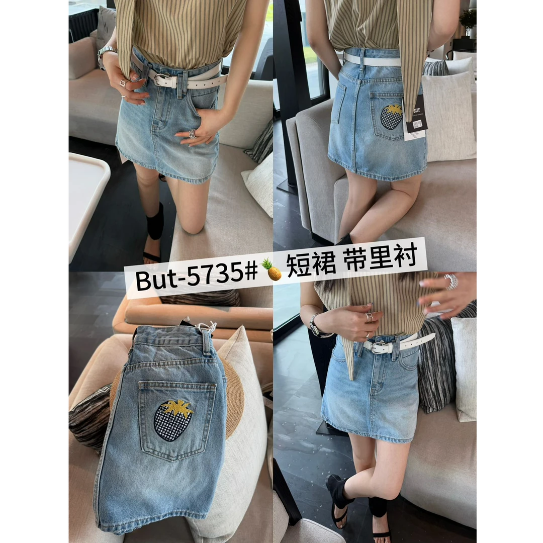 十三行BUT-夏季福秒菠萝刺绣设计牛仔半裙#5735