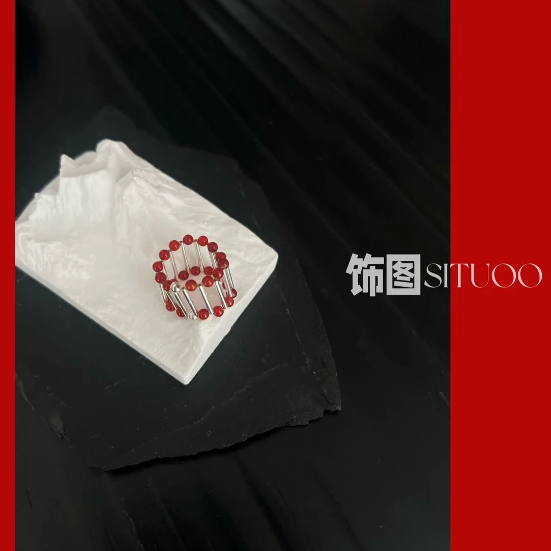 纯银系列SITUOO饰图“南法印象”纯银红玛瑙银珠双层戒指可调节