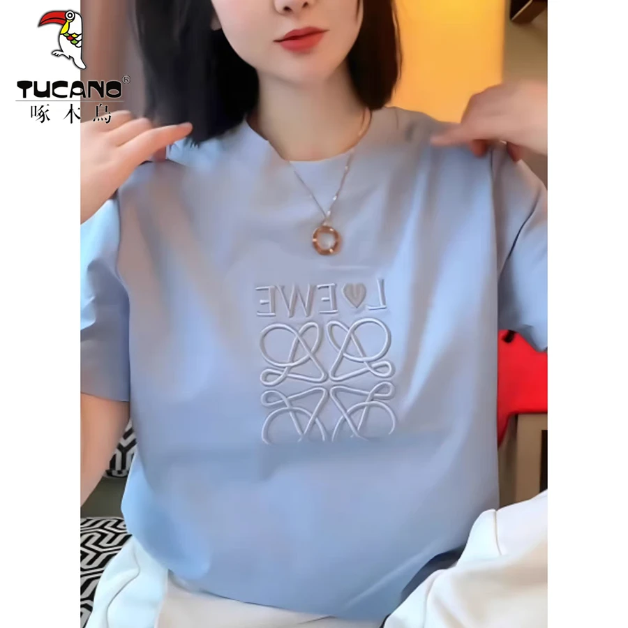 啄木鸟圆领短袖t恤衫2025夏季时尚百搭字母立体刺绣正肩宽松上衣