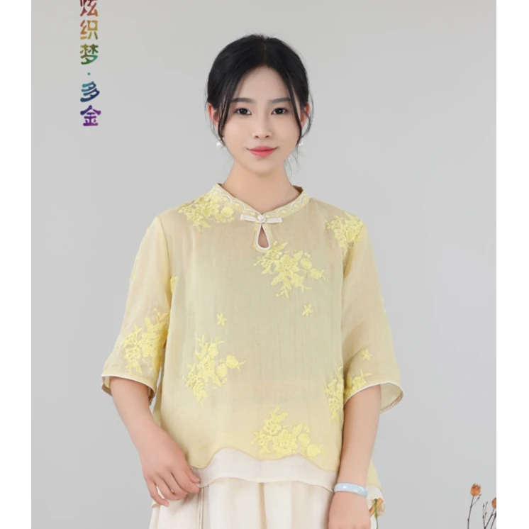 炫织梦短款碎花圆领五分袖斜襟拼接上衣文艺小衫中国风时尚宽松
