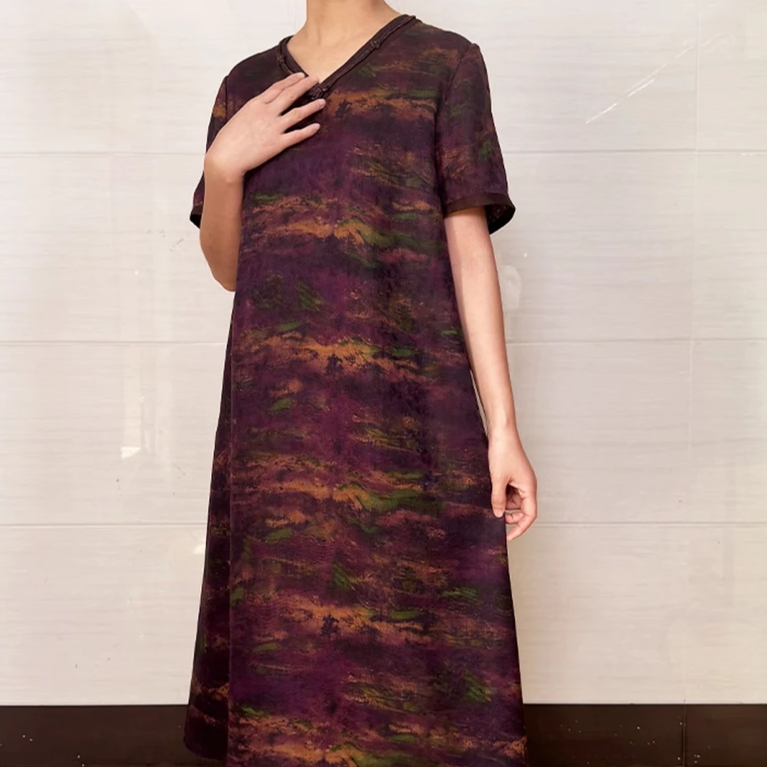 CHEN HENG 碎花气质时尚轻职风圆领桑蚕丝紫香云纱连衣裙百搭