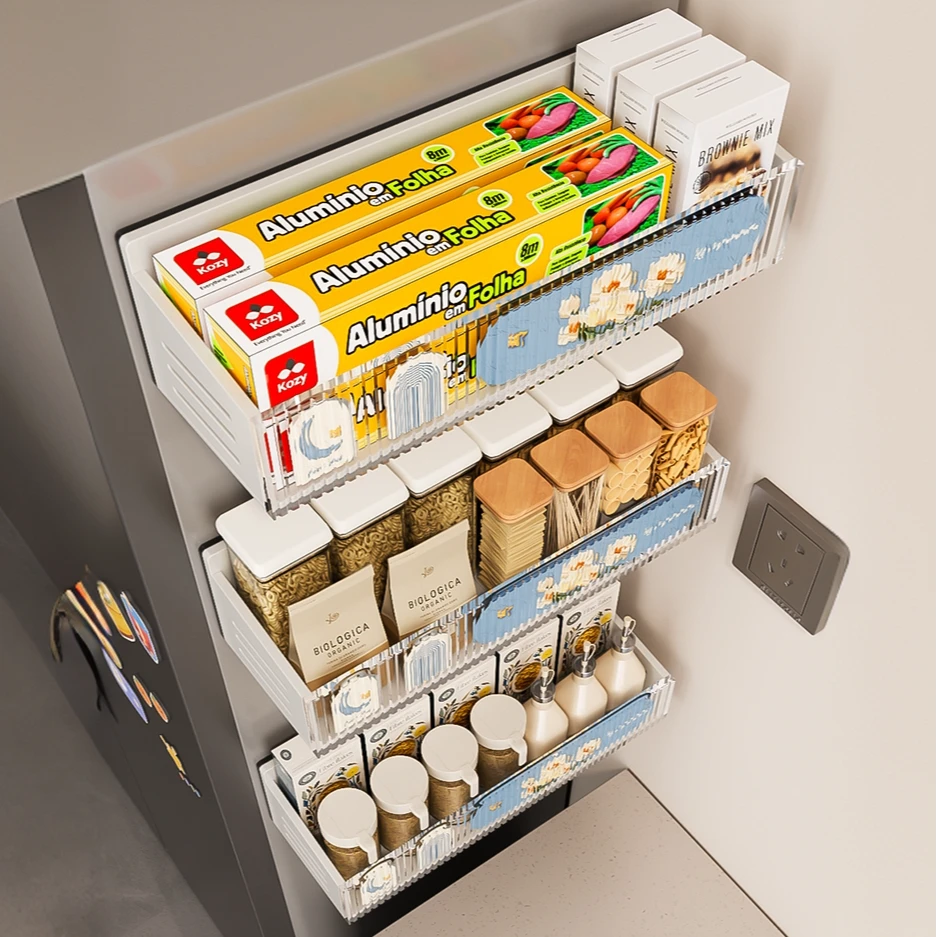 冰箱侧收纳置物架厨房多功能储物神器壁挂多层调味料保鲜膜收纳架