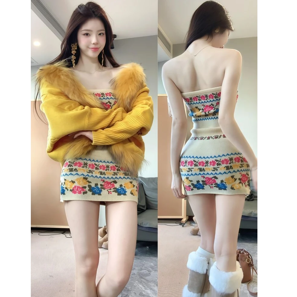 复古撞色玫瑰针织紧身包臀连衣抹胸裙冬绞花宽松针织毛衣外套套装