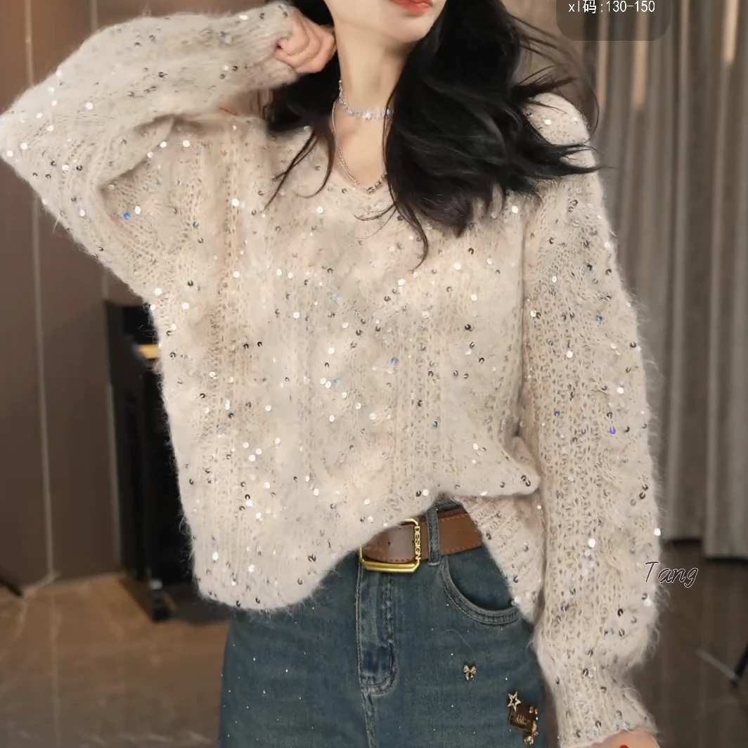 2024韩版新款冬季恋歌亮片简约百搭气质时尚长袖针织LK2501033