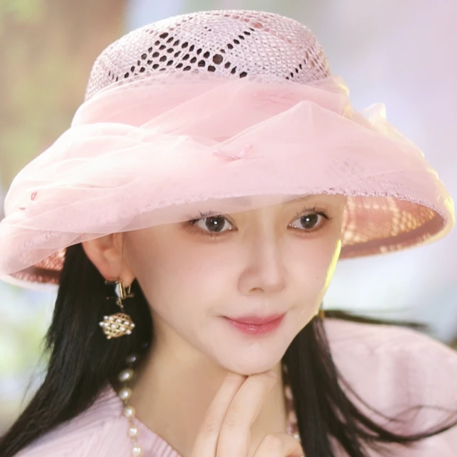 新帽馆帽子法式风夏日甜心网纱防紫外线大赫本帽