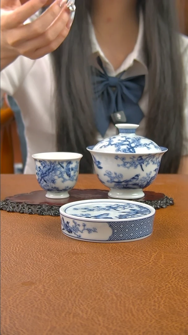 芷**9景德镇手工青花喜上眉梢盖碗加盖置加主人杯