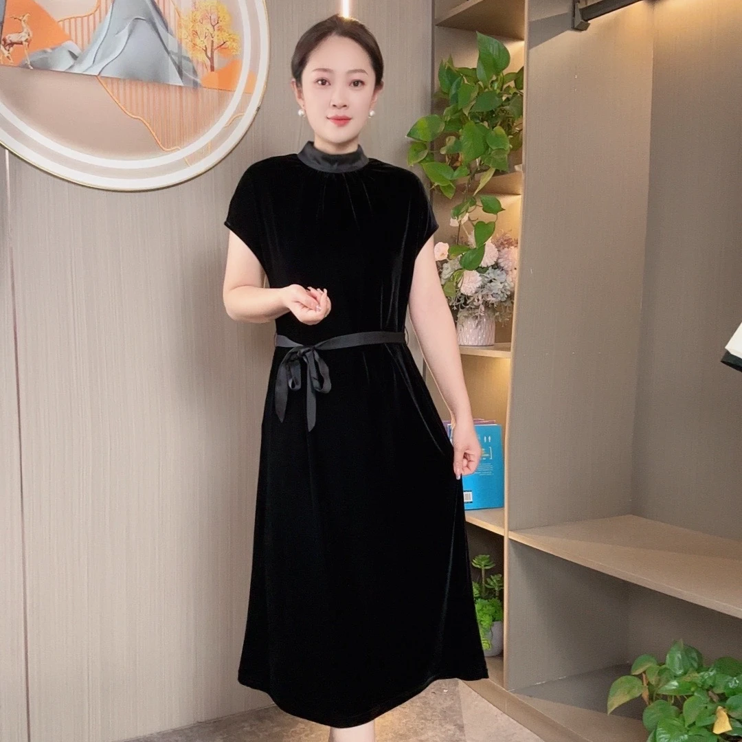 2025夏季定制丝绒设计师高定新款气质连衣裙显瘦收腰拼接黑色裙女