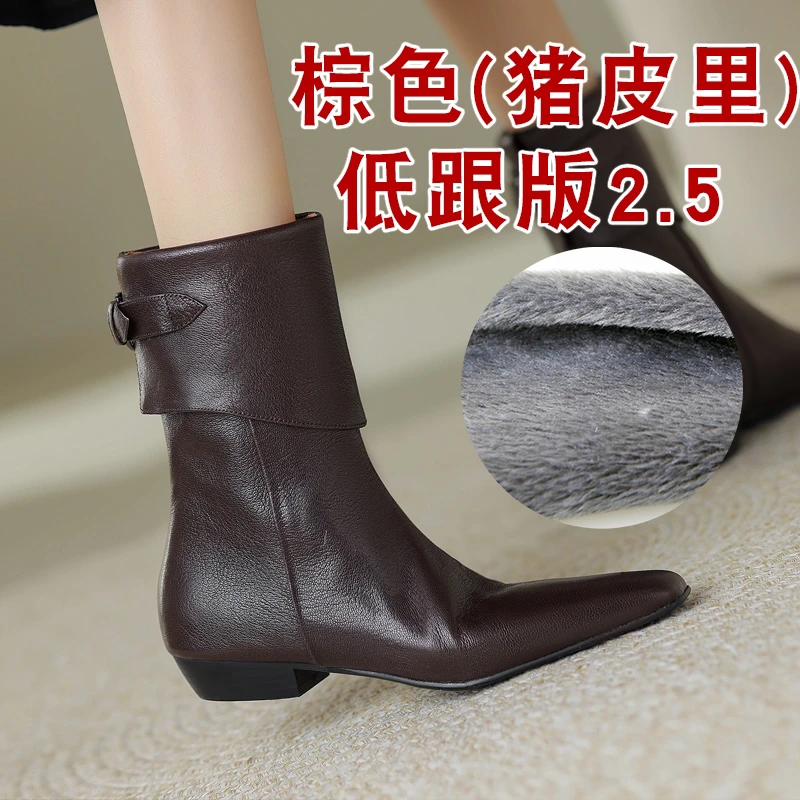香港全羊皮高级感小短靴秋冬新款中筒靴女平底真皮女靴低跟软皮靴