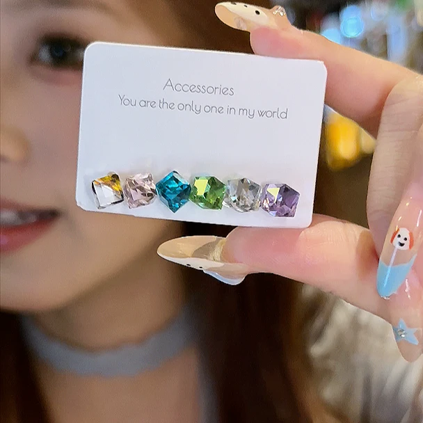 铜合金锆石耳饰 夏日多巴胺彩色方糖耳钉组合女气质百搭耳环耳饰