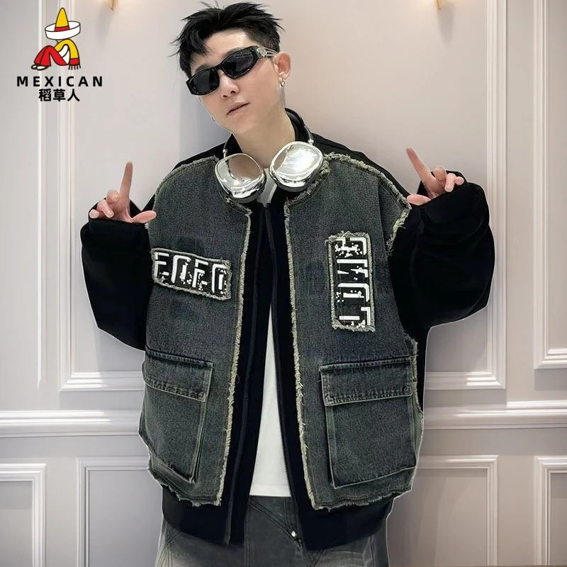 稻草人春款牛仔男士新款夹克2025时尚拼接棒球服外套青少年休闲美