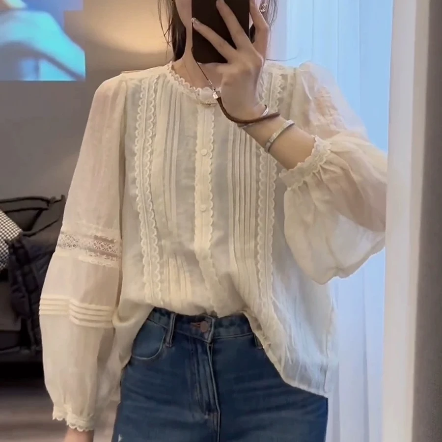 法式风琴褶皱感立体蕾丝衬衫上衣（衣长73左右）