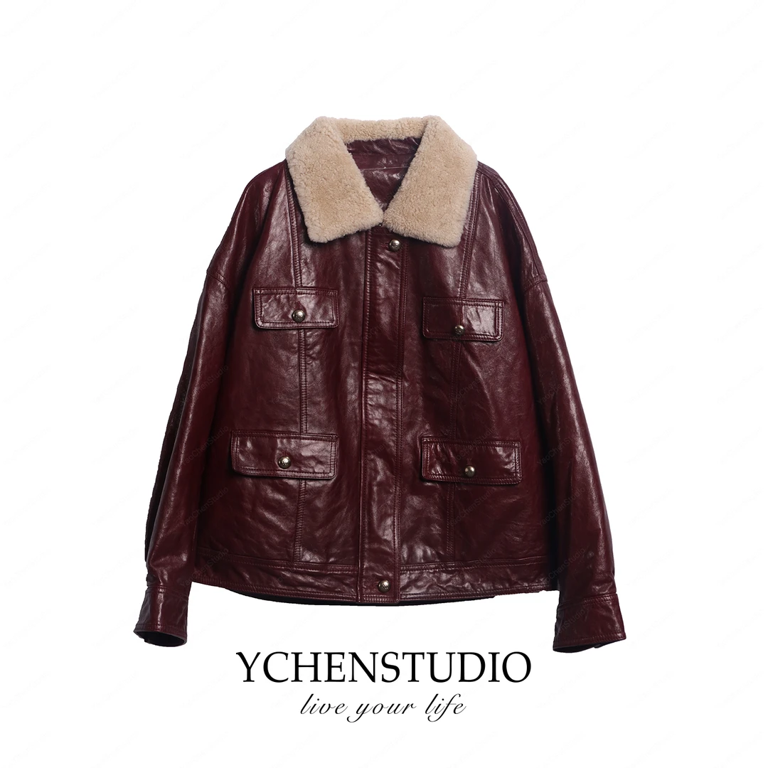 YC【怀旧】秋冬新款复古绵羊皮加厚皮衣羊羔毛毛领短款羽绒服外套