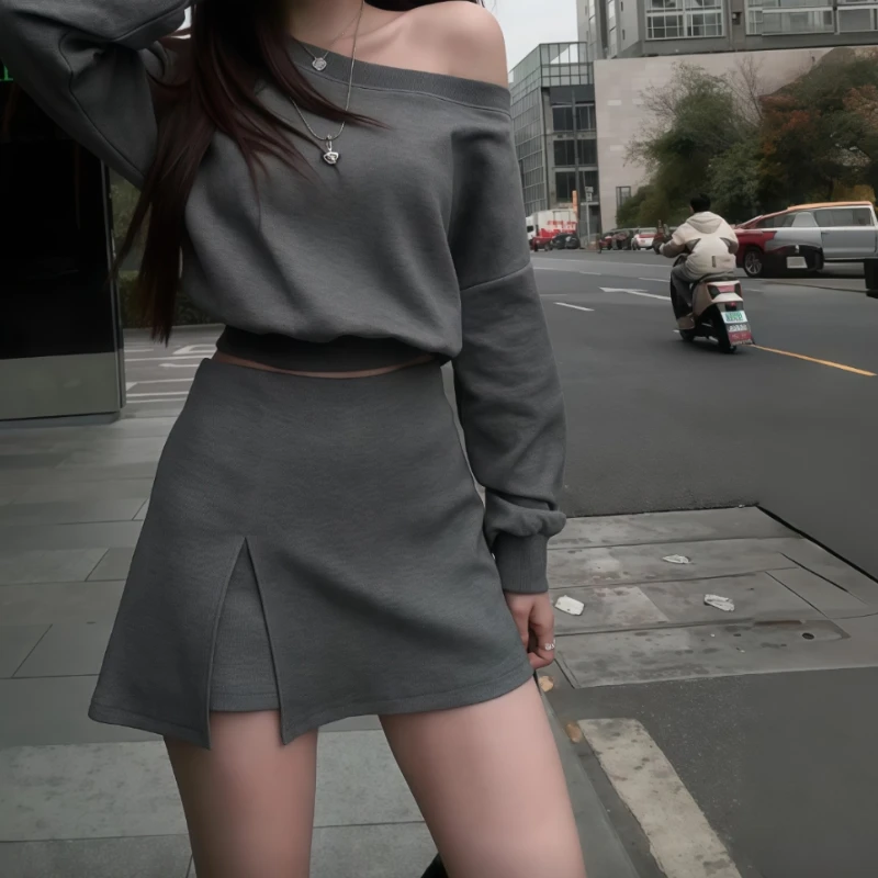 美式辣妹潮流运动套装女春季新款设计感斜肩短款卫衣高腰半身裙