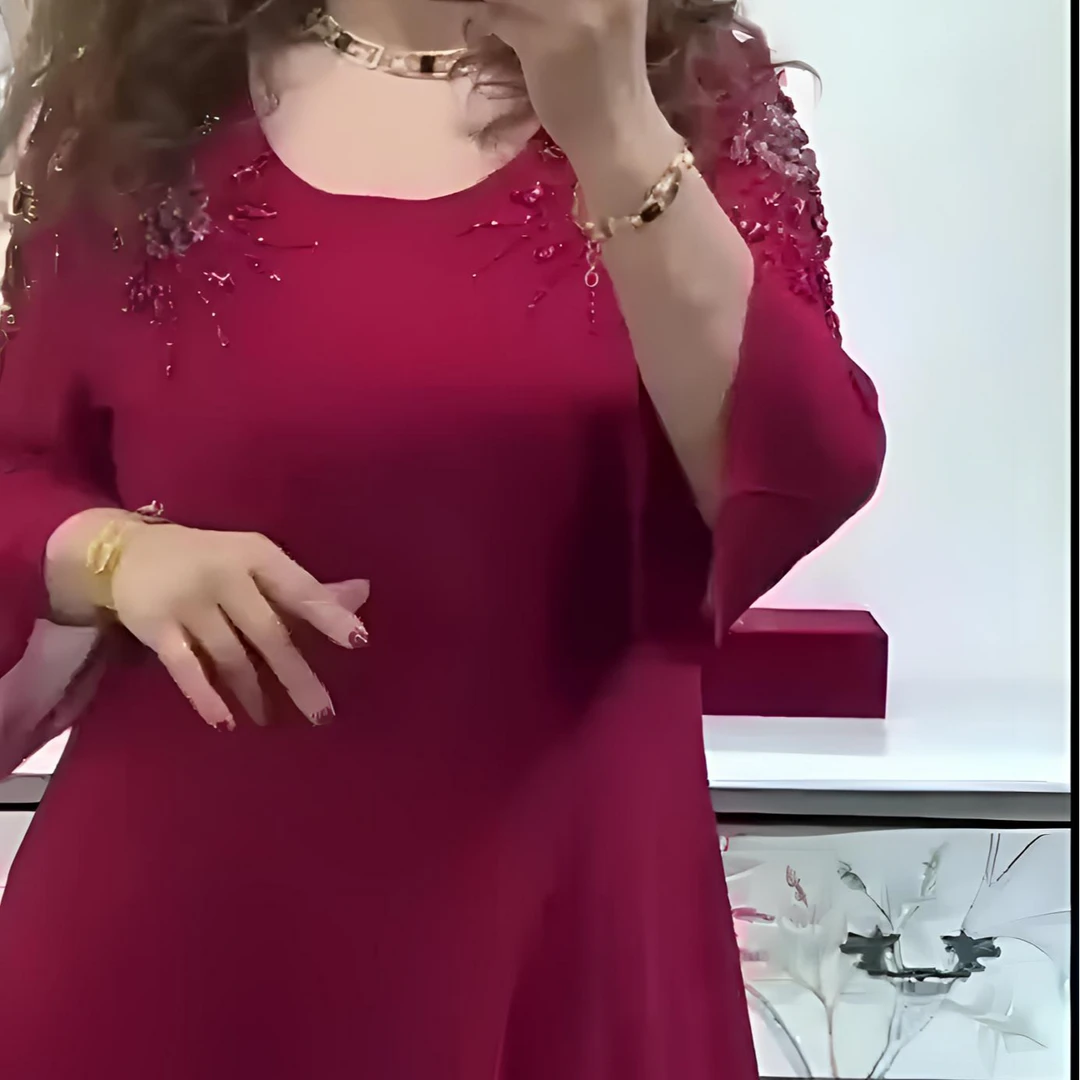 夏季麻纱新款圆领七分袖手工缝钻喇叭连衣裙蕾丝丝路绮梦大码女装