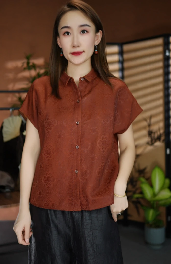 【苗蔓纱语】红云花萝夏季清仓短袖桑蚕丝香云纱