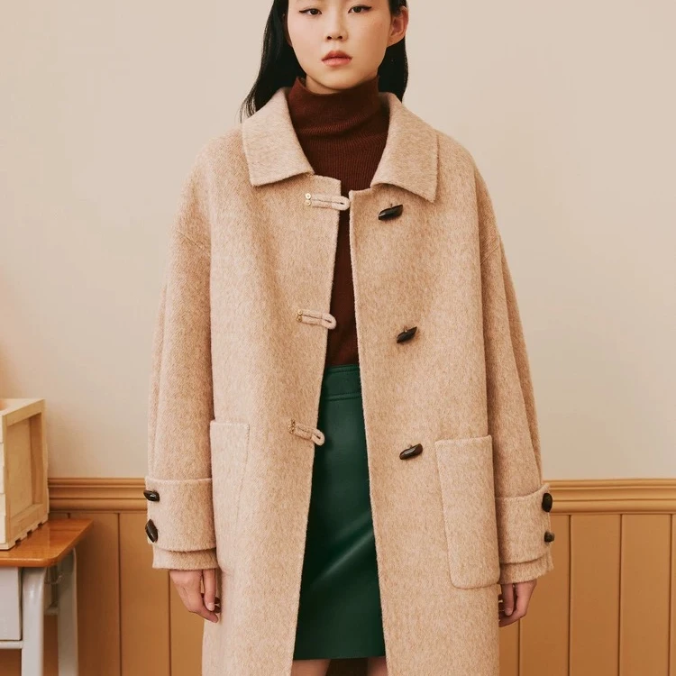 诗家撞牛角扣羊毛羊驼双面呢大衣