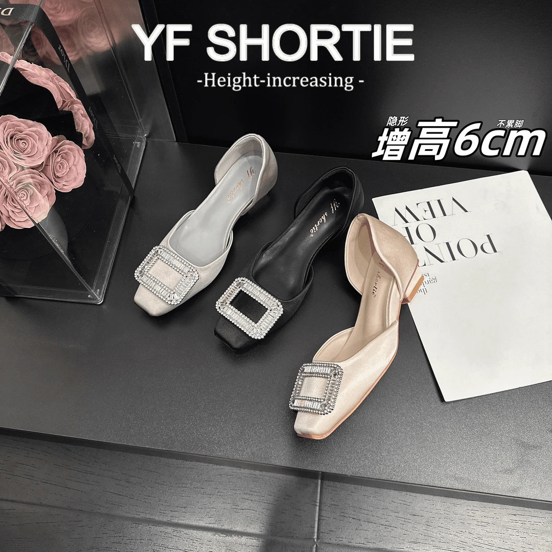 小个子内增高6cm雪花水钻扣浅口单鞋女2025新款法式透气中空凉鞋