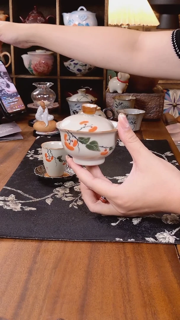 釉下手绘柿子二才盖碗