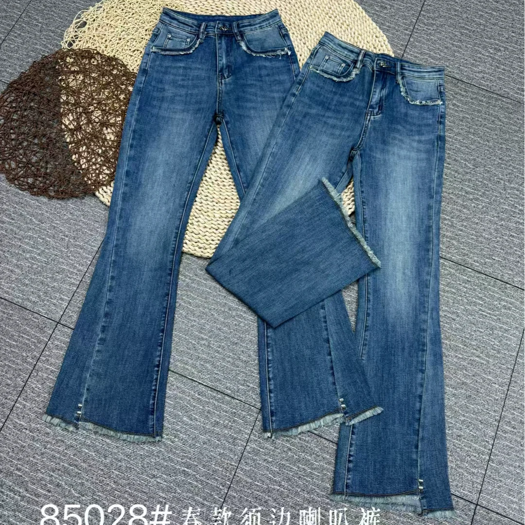 25年春款微喇裤蓝色新款牛仔微喇裤时尚百搭修身显瘦款毛边牛仔裤