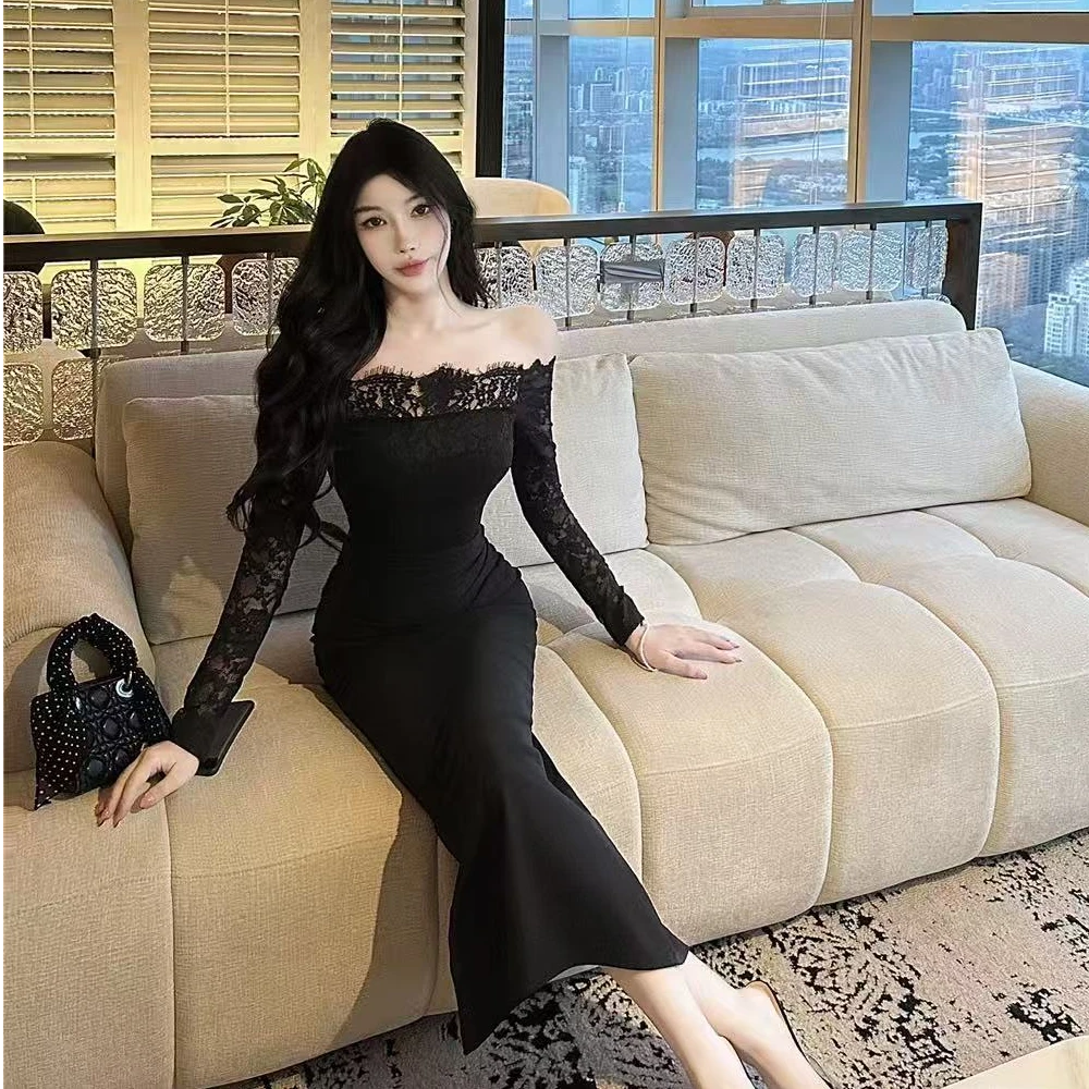 新款纯欲蕾丝一字肩黑色礼服裙女秋季新款修身长袖长裙子