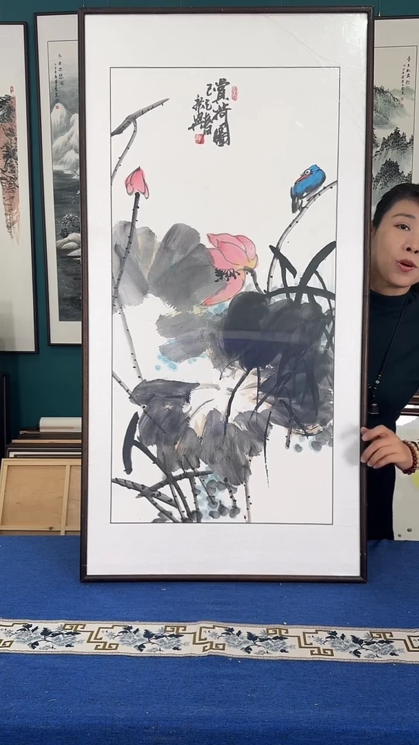 国画荷花实木装裱63*123