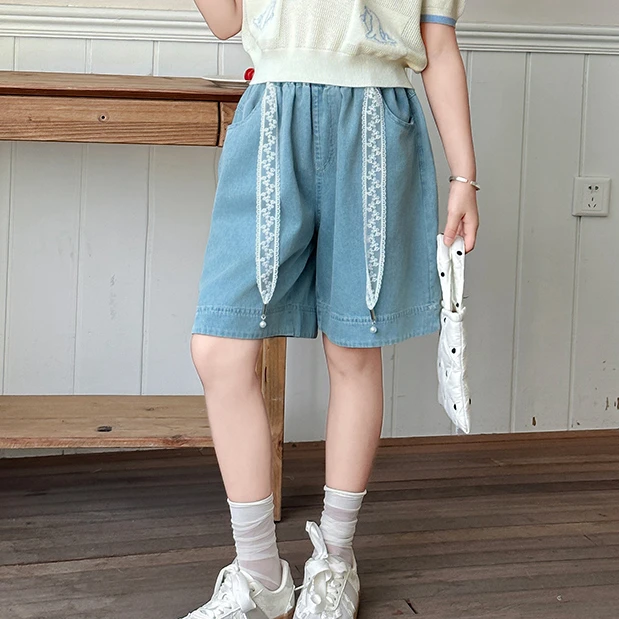 女童裤子夏款牛仔中裤新款薄款蕾丝裤中大童软牛仔洋气百搭垂感潮