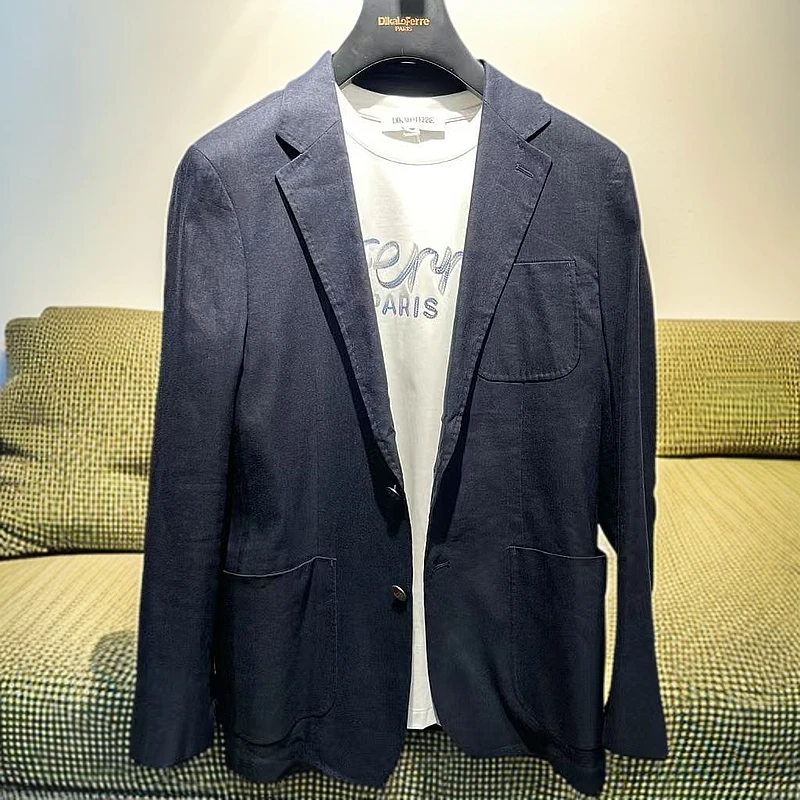 迪卡里奥费雷亚麻黑色修身春秋休闲套装时尚潮流西服男款小西装
