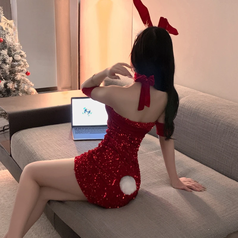 --绝美闪片蝴蝶结性感红色辣妹修身氛围感晚宴礼服睡裙--圣诞星--