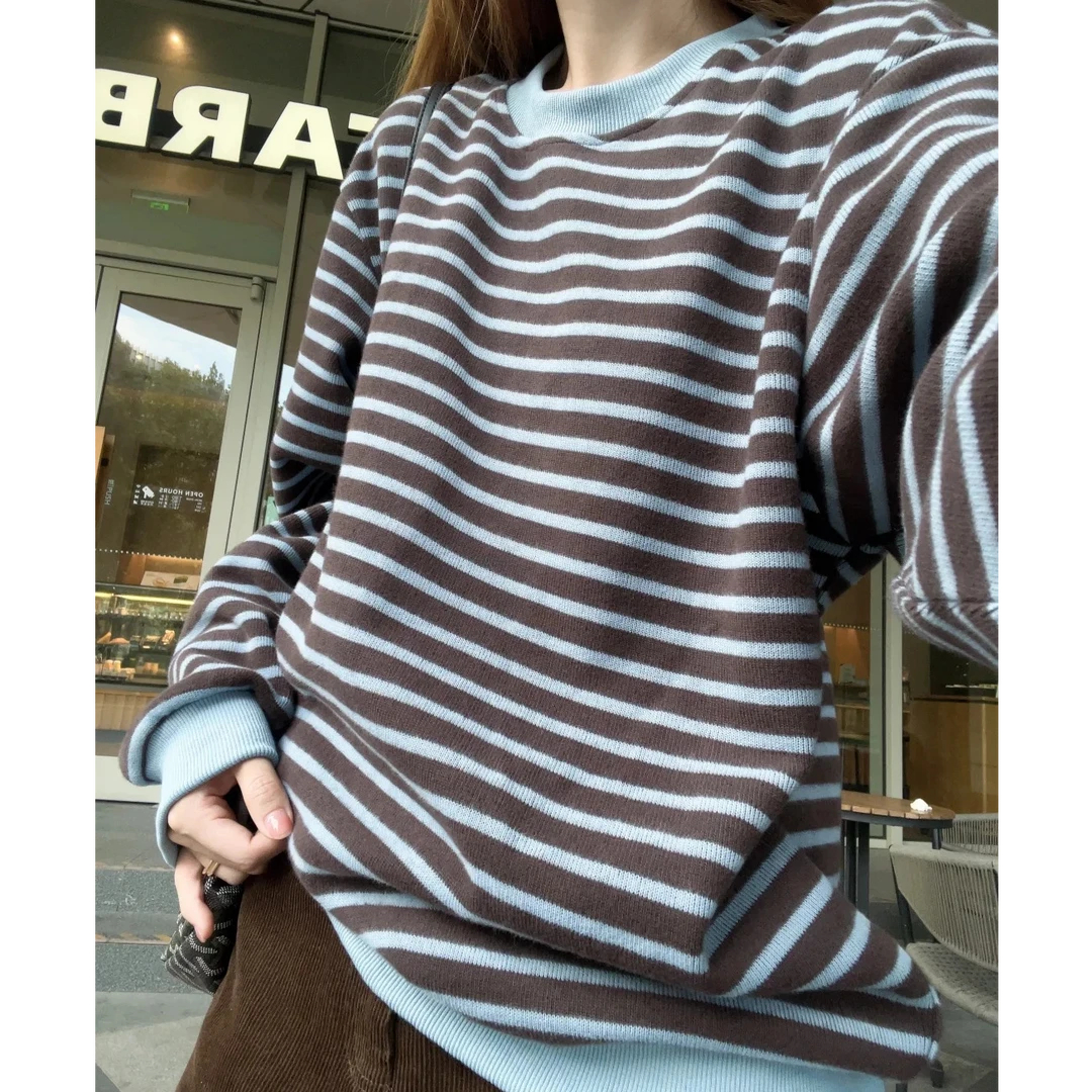 2025秋装新款韩版时尚宽松显瘦撞色条纹设计感圆领卫衣套头上衣女