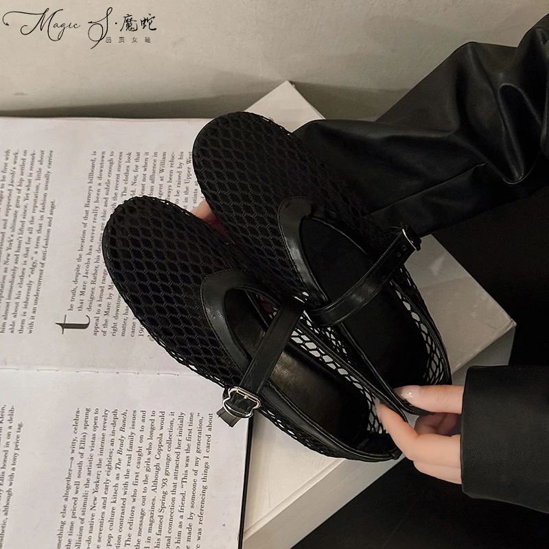 【万达撤柜】平底时尚夏季新款凉鞋女渔网鞋鞋黑色玛丽珍百搭鞋子