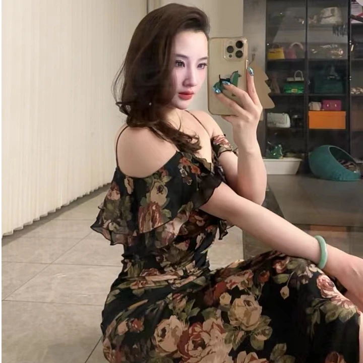 Rose Ono猪婆小众气质高级感复古碎花显瘦修身短款真丝连衣裙