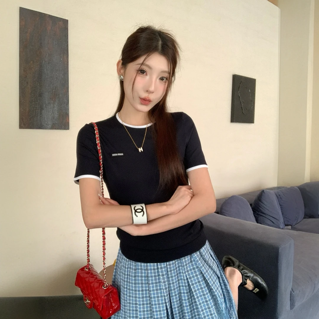 未使用 MIU MIU/缪缪 【当季港仓预S】25春夏秀款撞色修身显瘦短袖