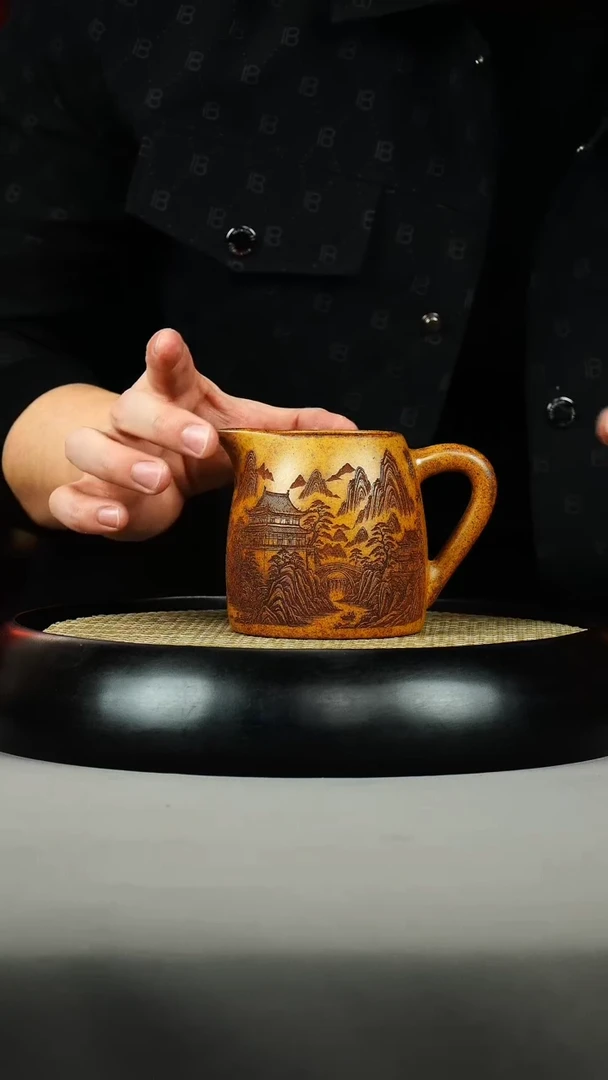 茶壶紫砂龙骨金砂 公道杯 刻绘山水