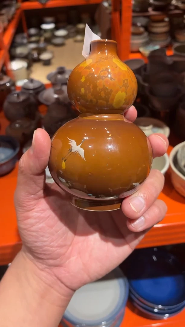 瓷片知*593手绘柴烧鹤花瓶1个