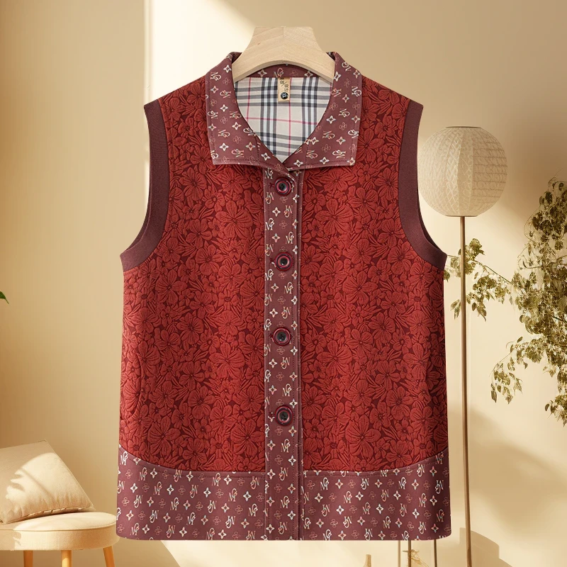 中老年春秋翻领印花马甲新款妈妈盘扣薄款坎肩奶奶老人休闲背心