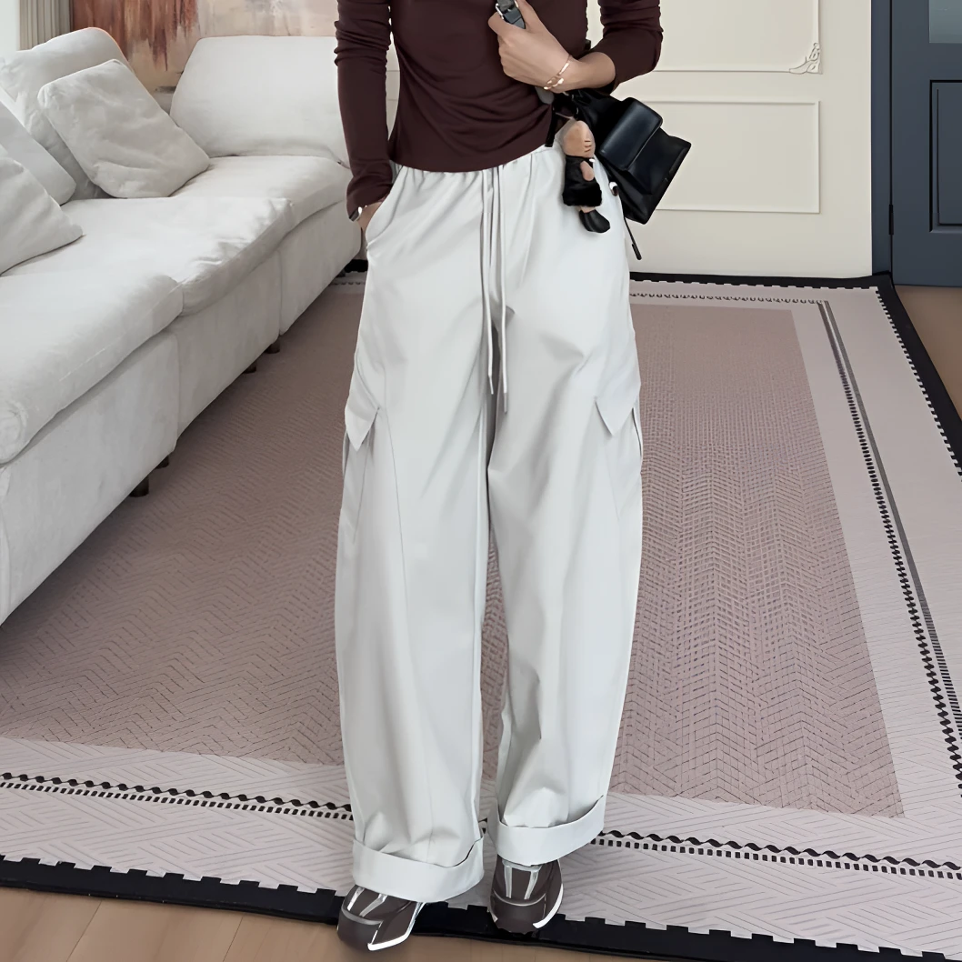 【余欢欢】早秋宽松显瘦裤脚翻边抽绳系带工装裤-YHK50275