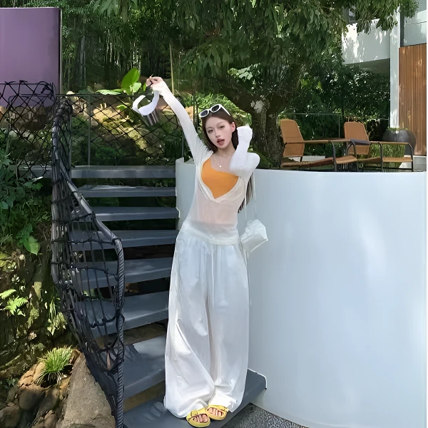 新款！！！韩系肌理感V领透气长袖T恤罩衫背心阔腿裤