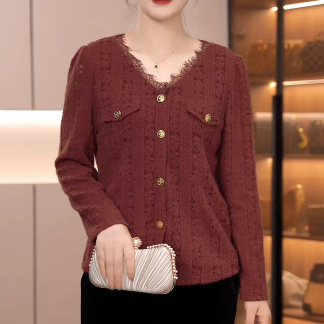 S006常规V领秋季花朵修身型毛针织衫气质显瘦春季女装